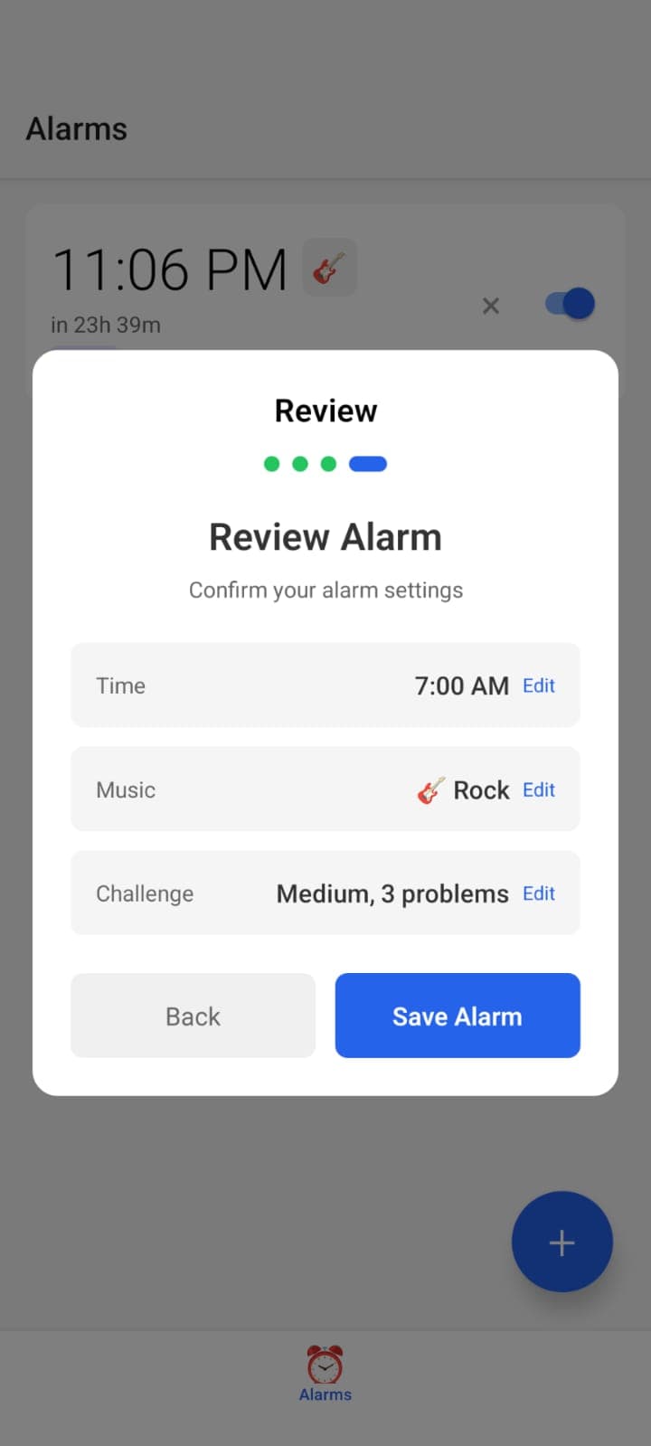Alarm review flow in the Snooze and Lose mobile app
